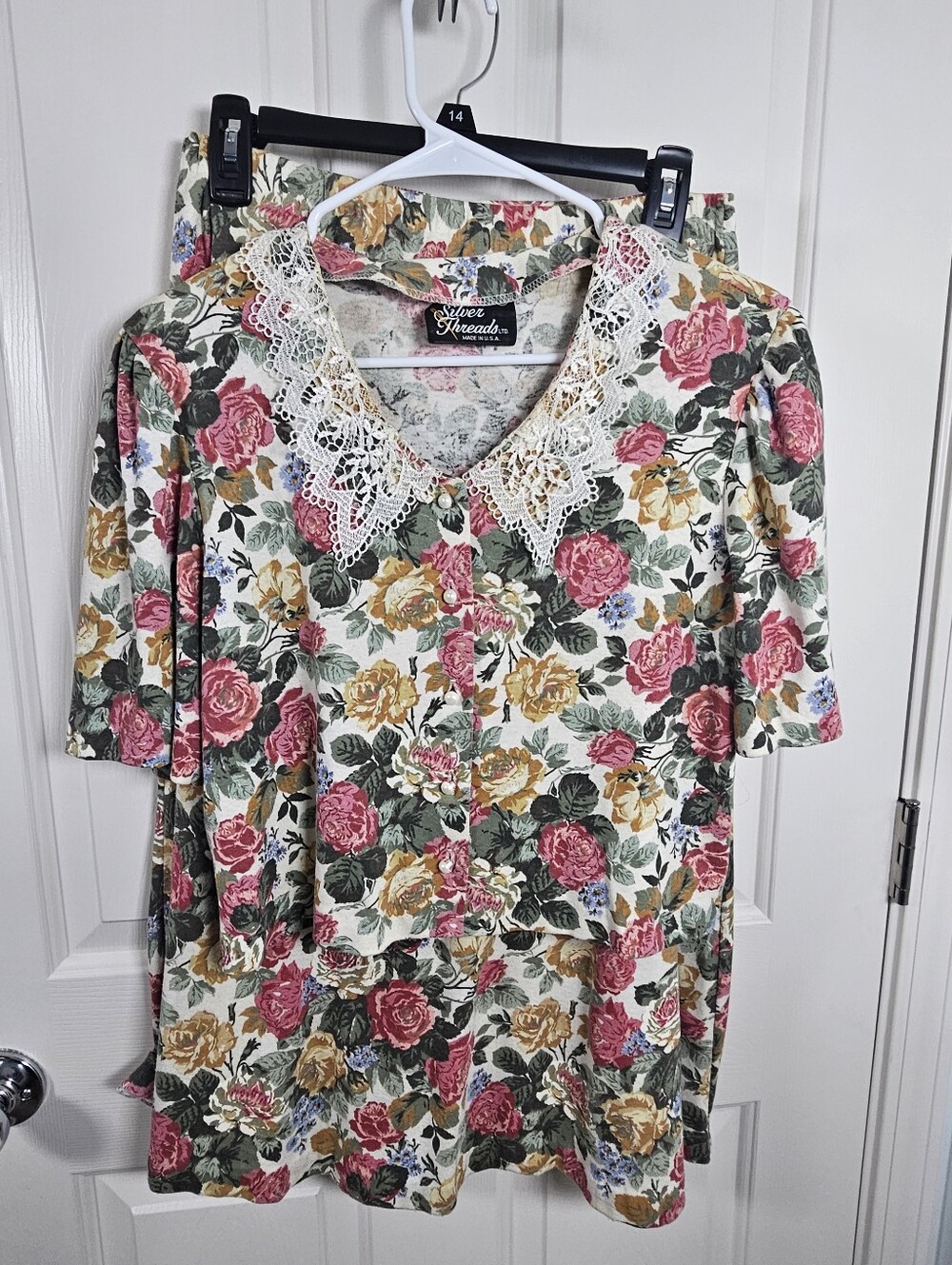 Vtg Vintgae Silver Threads Floral Top And Skirt Set Lace Grannycore USA Size M/L